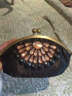 Evie Black Handbag With Chain Strap and Kiss Lock Rose Gold Gem Accents